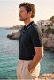 Balzac Collar Striped Buttoned Polo Collar Basic Daily Honeycomb Knit Knitwear Men's T-Shirt - Black - 3