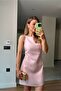 Powder Pink Square Collar Strap Lined Premium Linen Textured Dress - 6