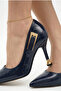 Women's Special Design Thin Heeled Navy Blue Patent Leather Stiletto with Metal Accessories - 7