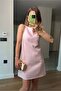 Powder Pink Square Collar Strap Lined Premium Linen Textured Dress - 3