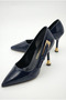 Women's Special Design Thin Heeled Navy Blue Patent Leather Stiletto with Metal Accessories - 4
