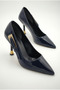 Women's Special Design Thin Heeled Navy Blue Patent Leather Stiletto with Metal Accessories - 2