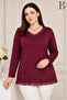 Comfortable Cut V-Neck Tulle and Pearl Embroidered Plum Mother Combed Cotton Blouse