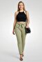 Women Regular Fit Plain Belted Straight Leg Pants, Green - 4
