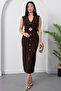 High Collar Buttoned Belted Dress Grs3914 - 4