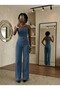 Women's Blue High Waist Wide-Leg Jean Jumpsuit - Spaghetti Strap Denim Jumpsuit - 2