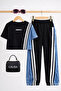 Premium Girls' Black Denim Striped Suit |   Summer Comfortable Cut Casual Stylish 2-Piece Top and Bottom Set - 7