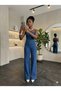 Women's Blue High Waist Wide-Leg Jean Jumpsuit - Spaghetti Strap Denim Jumpsuit