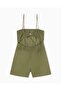 Women's Comfortable Cut Khaki Jumpsuit with 100% Linen Shorts and Rope Straps - 2