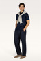 Men's Button Closure Short Sleeve 100% Cotton Navy Blue-Gold Polo Collar T-Shirt - 2