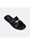 Women's Black Gold Leather Slippers with Lock Detail - 7