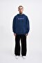 Men's Washed Embroidered Hooded Oversize Navy Blue Sweatshirt - 4