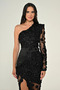 Women's Embossed Floral Patterned Long Black Evening Dress & Graduation Dress with Tulle Detail on the Sleeves and Legs - 3
