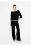 Women's Wide Fit Rhinestone Decorated Boat Neck Long Sleeve Black Sweater - 4