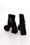 Women's Blunt Toe Crystal Stone Zippered Heeled Boots Black Velvet 21153166 - 3