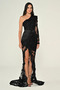 Women's Embossed Floral Patterned Long Black Evening Dress & Graduation Dress with Tulle Detail on the Sleeves and Legs - 2