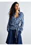Women's Double Breasted Closure Shirt Collar Long Sleeve Blue Blouse