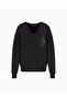 Women's Comfortable Fit V-Neck Rhinestone Embellished Ax Logo Long Sleeve Black Sweatshirt - 5