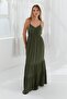 Women's Strappy Long Length V-Neck Plain Model Comfortable Wide Khaki Dress