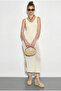 Women's Ecru V-Neck Slit Detailed Openwork Dress 60261558 - 2