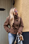 Brown Stand Collar Belted Short Trench Coat