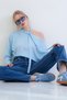 Blue Boat Neck Halter Bat Sleeve Cotton Blouse Alc-X15443