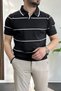 Men's Open Collar Side Striped T-Shirt Black Edw259 - 3
