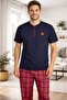 Men's 100% Cotton Pajama Set Navy Blue Top Red Plaid Bottom Short Sleeve Regular Cut - 8
