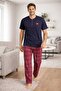 Men's 100% Cotton Pajama Set Navy Blue Top Red Plaid Bottom Short Sleeve Regular Cut - 3