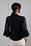 Women's Layered Ruffled Tulle Embellished Flounce Long Sleeve Crepe Satin Shirt - 4