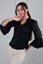 Women's Layered Ruffled Tulle Embellished Flounce Long Sleeve Crepe Satin Shirt
