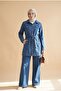 Buttoned Belted Waist Pocketed Jeans Double Set -Blue - 3