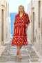 Brick Color V-Neck Patterned Midi Dress with Pockets