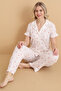 Mrn 3854 Rose Patterned Wrinkled Shirt Collar Buttoned Short Sleeve Women's Pajama Set