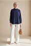 Long Backline Patterned Buttoned Loose Shirt - Navy Blue