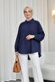 Long Backline Patterned Buttoned Loose Shirt - Navy Blue - 4