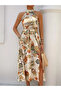Women's Off-The-Shoulder Halter Neck Slit Floral Patterned Single Jersey Dress - 3