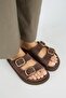 Lavanda Women's Genuine Leather Double Buckle Brown Slippers - 3