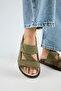 Elifi Women's Genuine Leather Velcro Khaki Slippers - 5