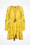 Mini Dress with Yellow Embroidery, Brode Lace, Belt - High Collar with Tassel Detail - 5