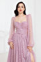 Bale Detailed Long Lace Evening Dress - Pudra - 4
