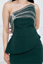 Stone Detailed Atlas Long Evening Dress - Emerald Green - 5