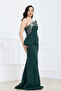 Stone Detailed Atlas Long Evening Dress - Emerald Green - 7