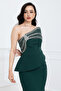 Stone Detailed Atlas Long Evening Dress - Emerald Green - 3