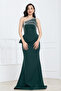 Stone Detailed Atlas Long Evening Dress - Emerald Green