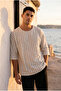 Men's Oversize Ecru Black Striped Three-Quarter Sleeve T-Shirt Ls-36104