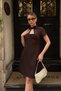 Brown Short Sleeve Neck Tie Detail Square Neck Waist Fitted Women's Mini Dress - 4