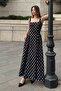 Black Polka Dot Thick Strap Waist Gathered Women's Flared Midi Dress - 3