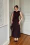 Brown Zero Sleeve Shoulder Pleated Waist Draped Front Slit Women's Midi Dress - 3