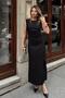 Black Zero Sleeve Shoulder Pleated Waist Draped Front Slit Women's Midi Dress - 2